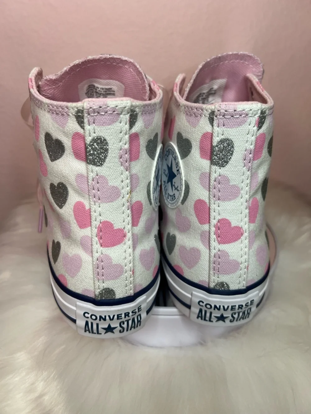 Custom Converse Kids Pink Heart High-Top Sneakers with Rhinestone Toe